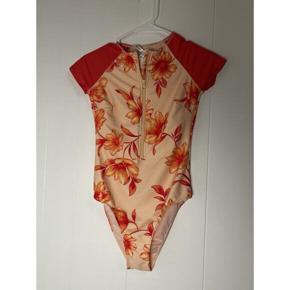Cupshe Other - CUPSHE Floral Short Sleeve Rash guard One Piece Swimsuit Zip Front Size XS